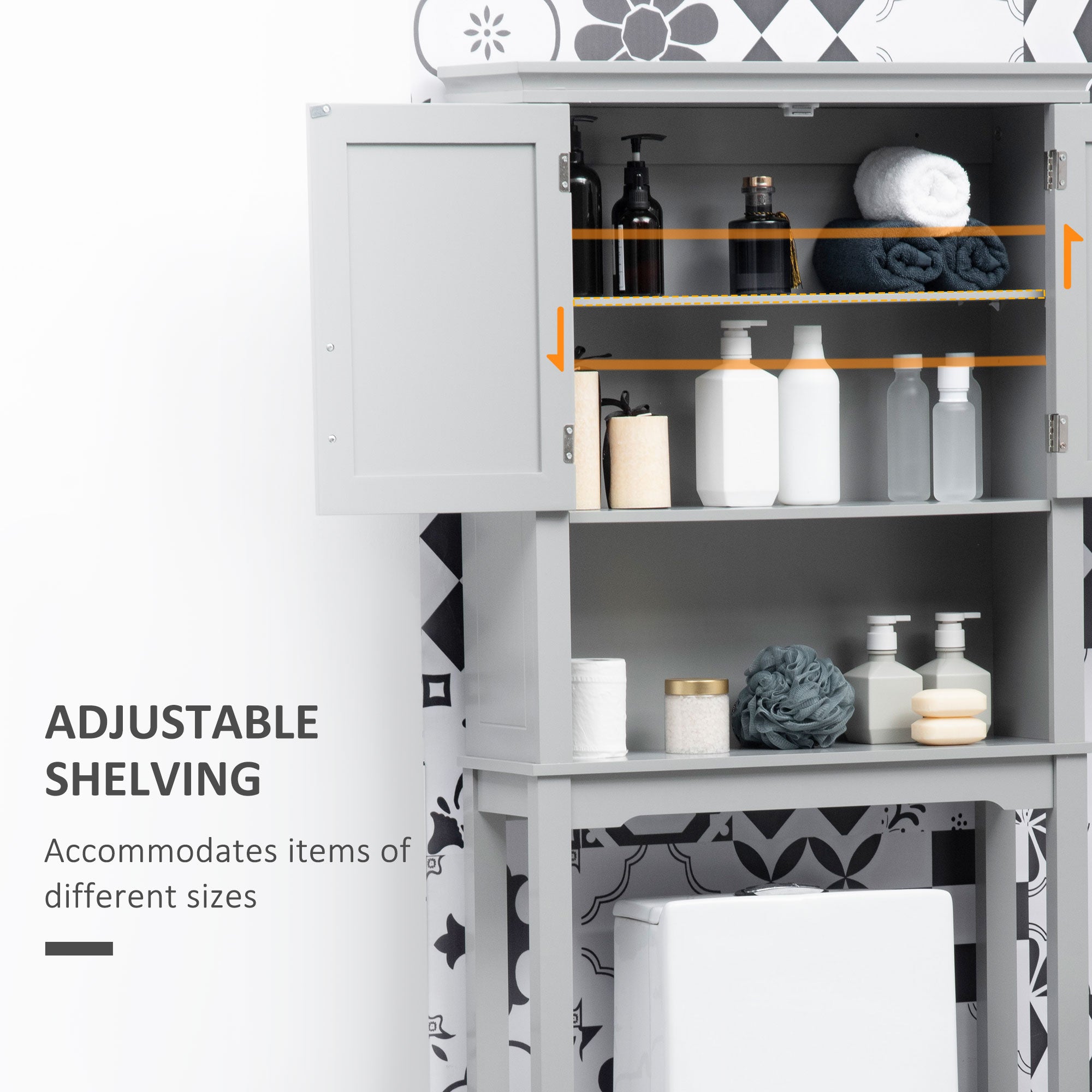 Modern Over The Toilet Storage Cabinet, Double Door Bathroom Organizer with Inner Adjustable Shelf and Open Shelf, Gray