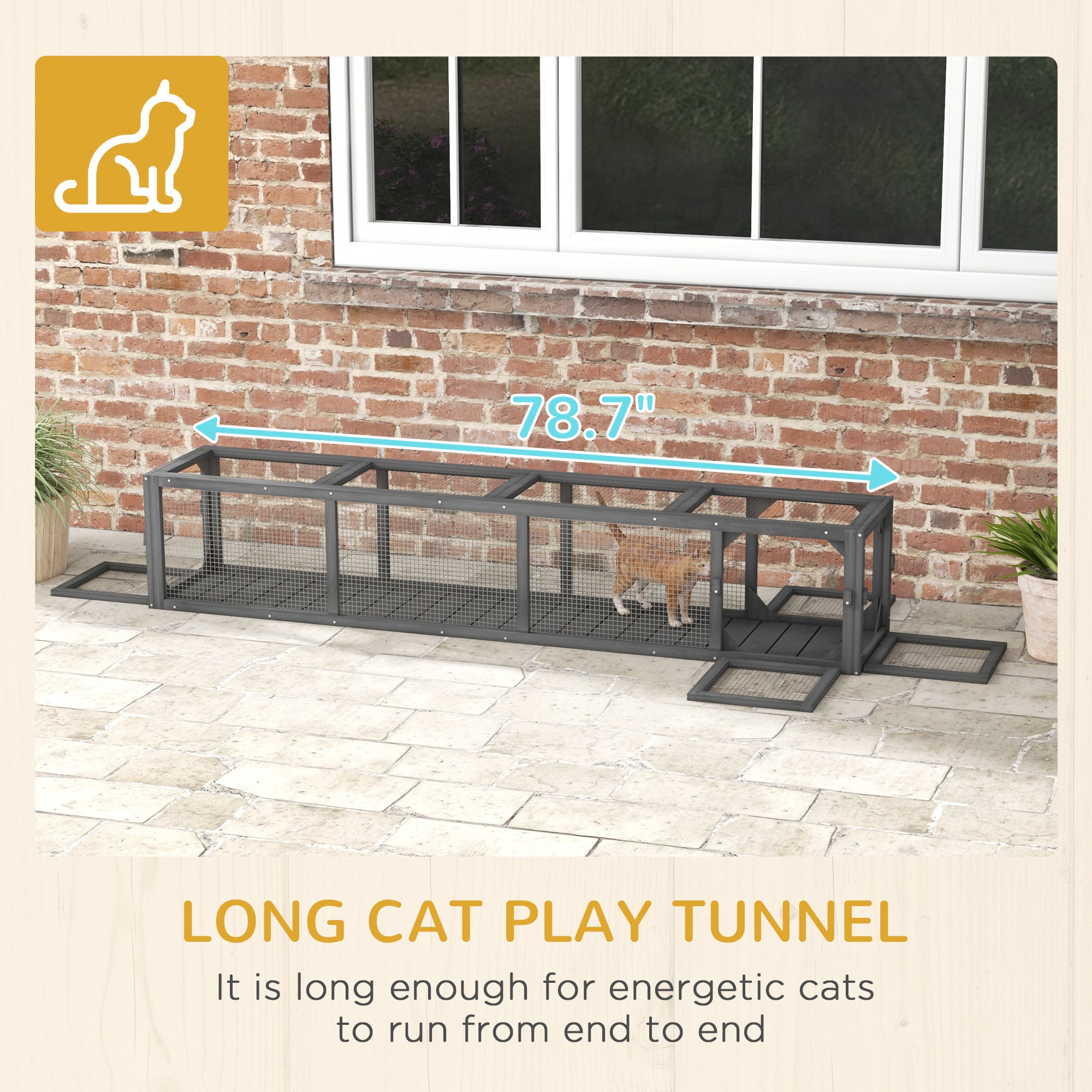 Wooden Cat Run with Weather Protection, Connecting Inside and Outside, 79"L x 15"W x 15"H, Dark Gray