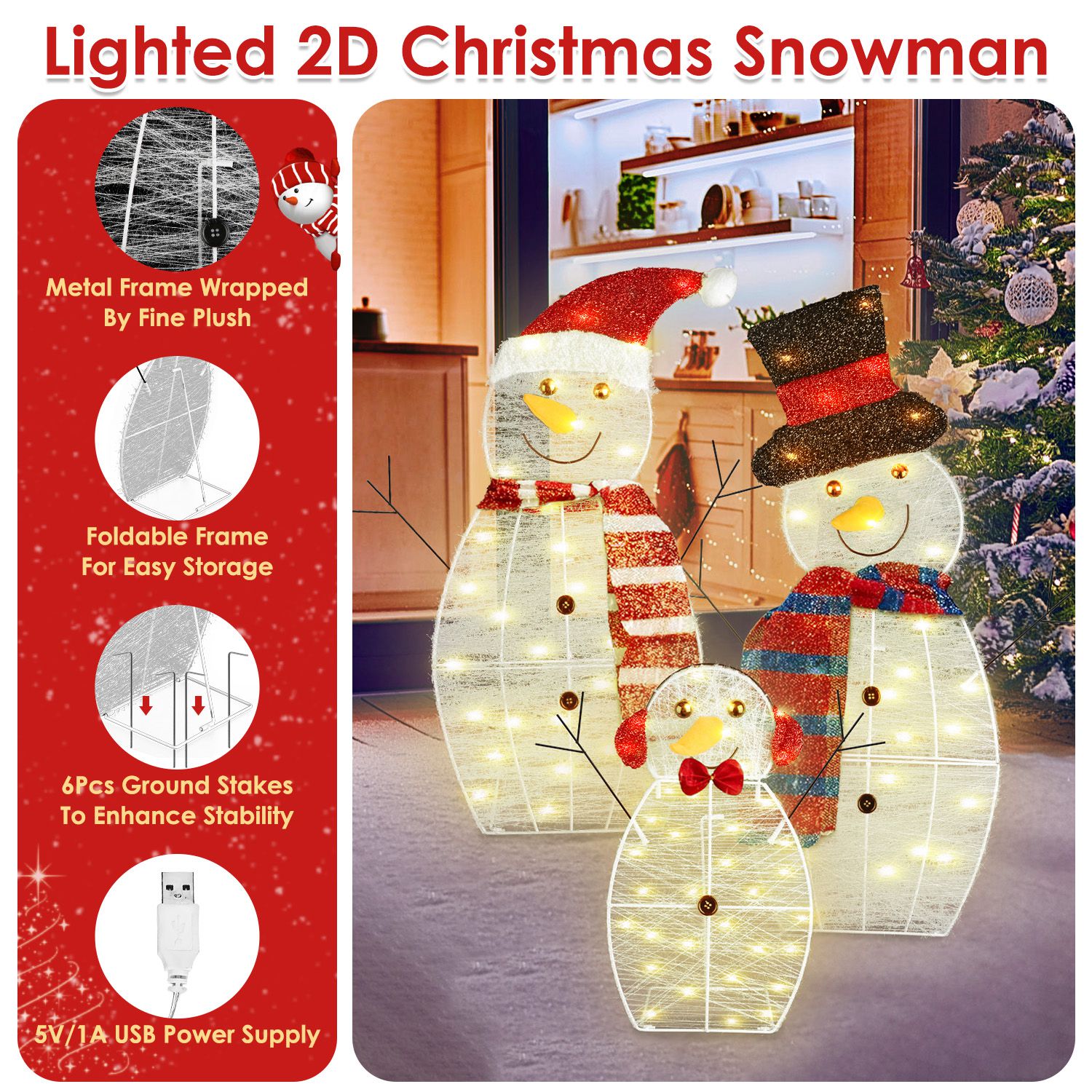 3Pcs 2D Christmas Snowman Yard Decoration Snowman Family Outdoor Decoration With 60Pcs LED Warm Yellow Lights IP44 Waterproof For Christmas Indoor Outdoor Holiday Display