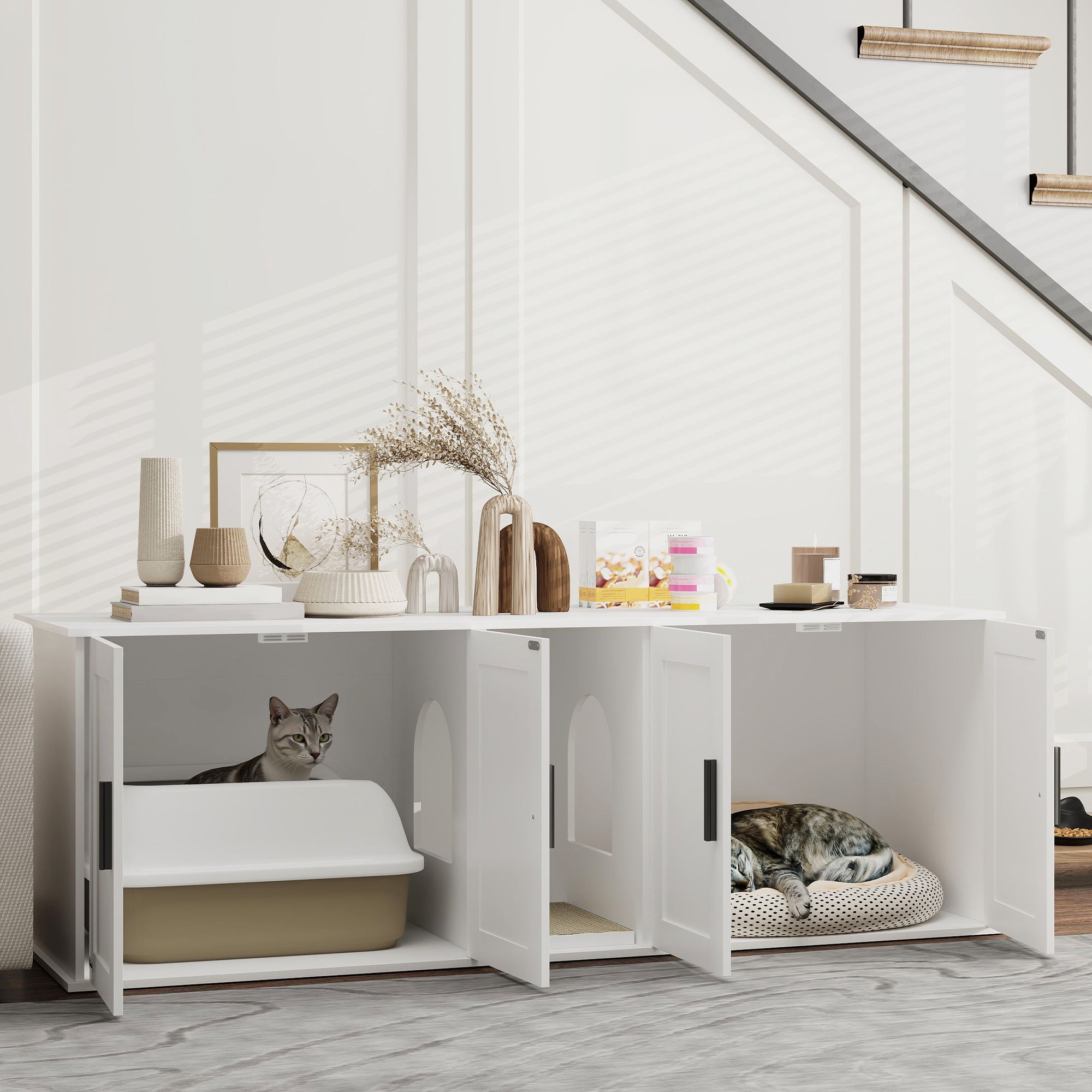 Cat Litter Box Enclosure With Double Room, Scratching Mat For 2 Cats, 57 X 19 X 20, White