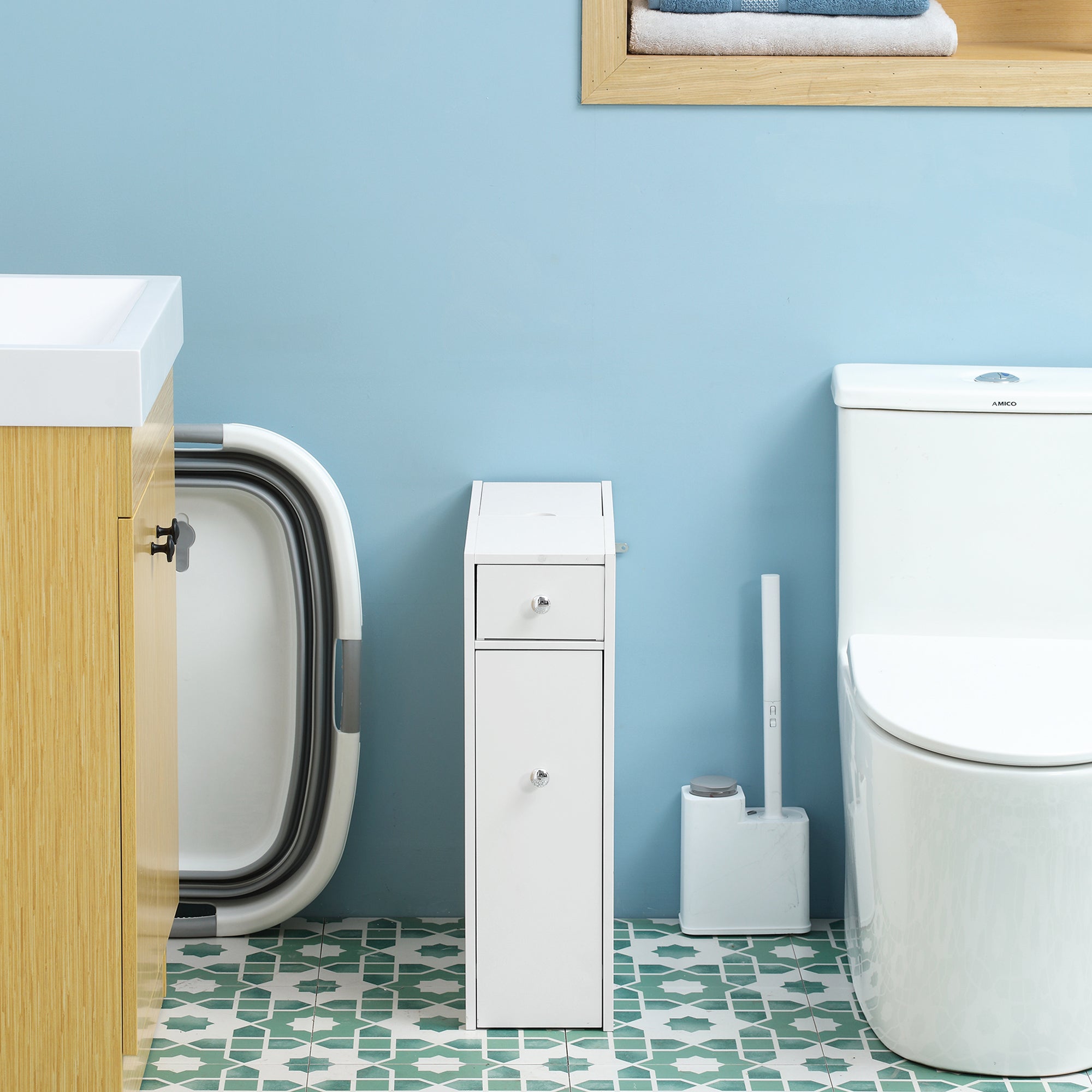 Bathroom Floor Organizer Free Standing Space Saving Narrow Storage Cabinet Bath Toilet Paper Holder with Drawers White