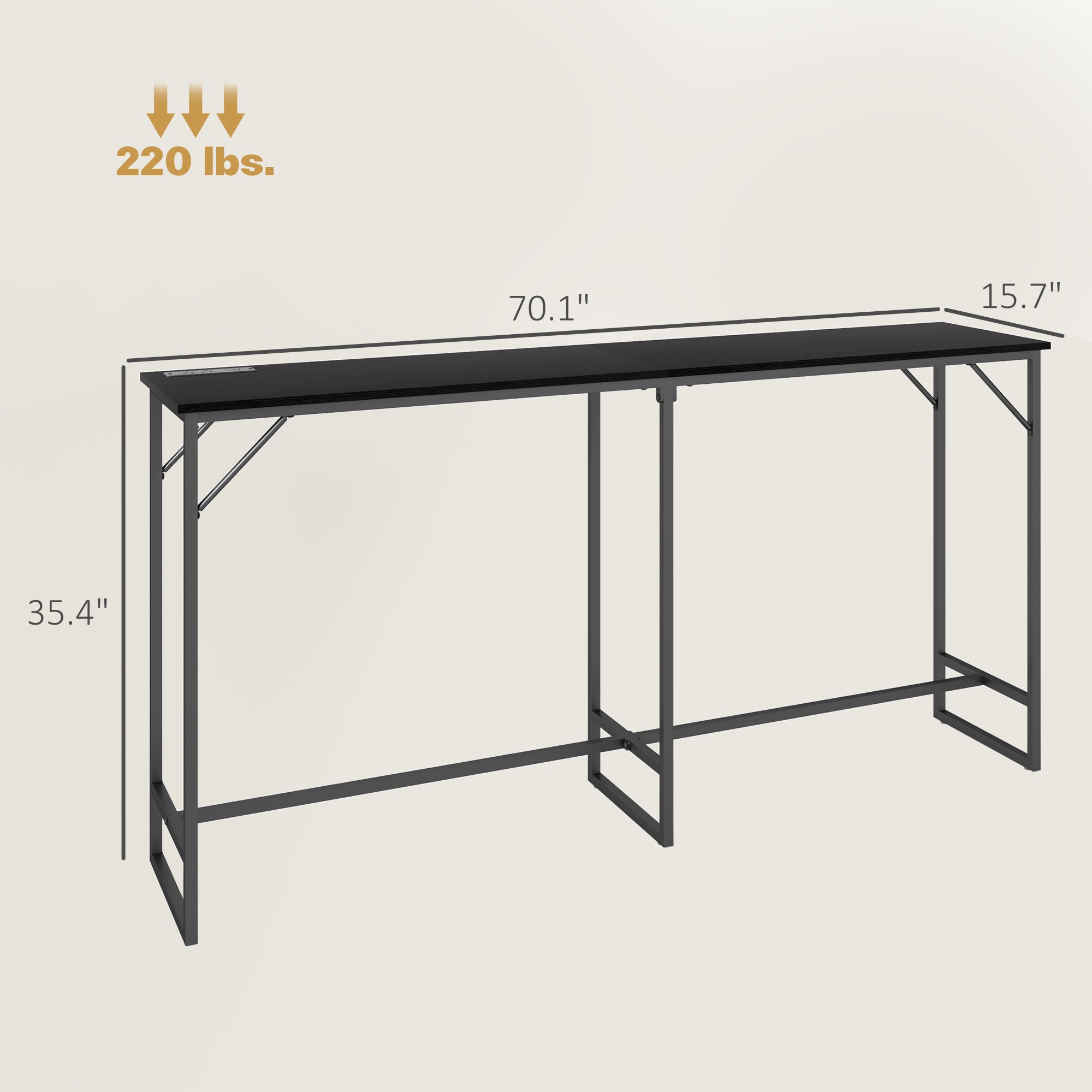 70" Bar Table with Charging Station, Industrial Rectangular Bar Height Pub Table with Steel Frame, Black Wood Grain