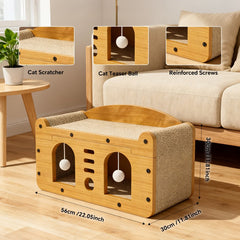 Double Door Design Cat Scratcher Sofa, 56cm Large Size, With 2 Teaser Balls, For Large & Multi-Cat Households