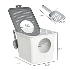 Covered Cat Litter Box, Easy Cleaning Kitty Litter Box with Front Entrance, Top Exit, Scoop, for Odor Control, White
