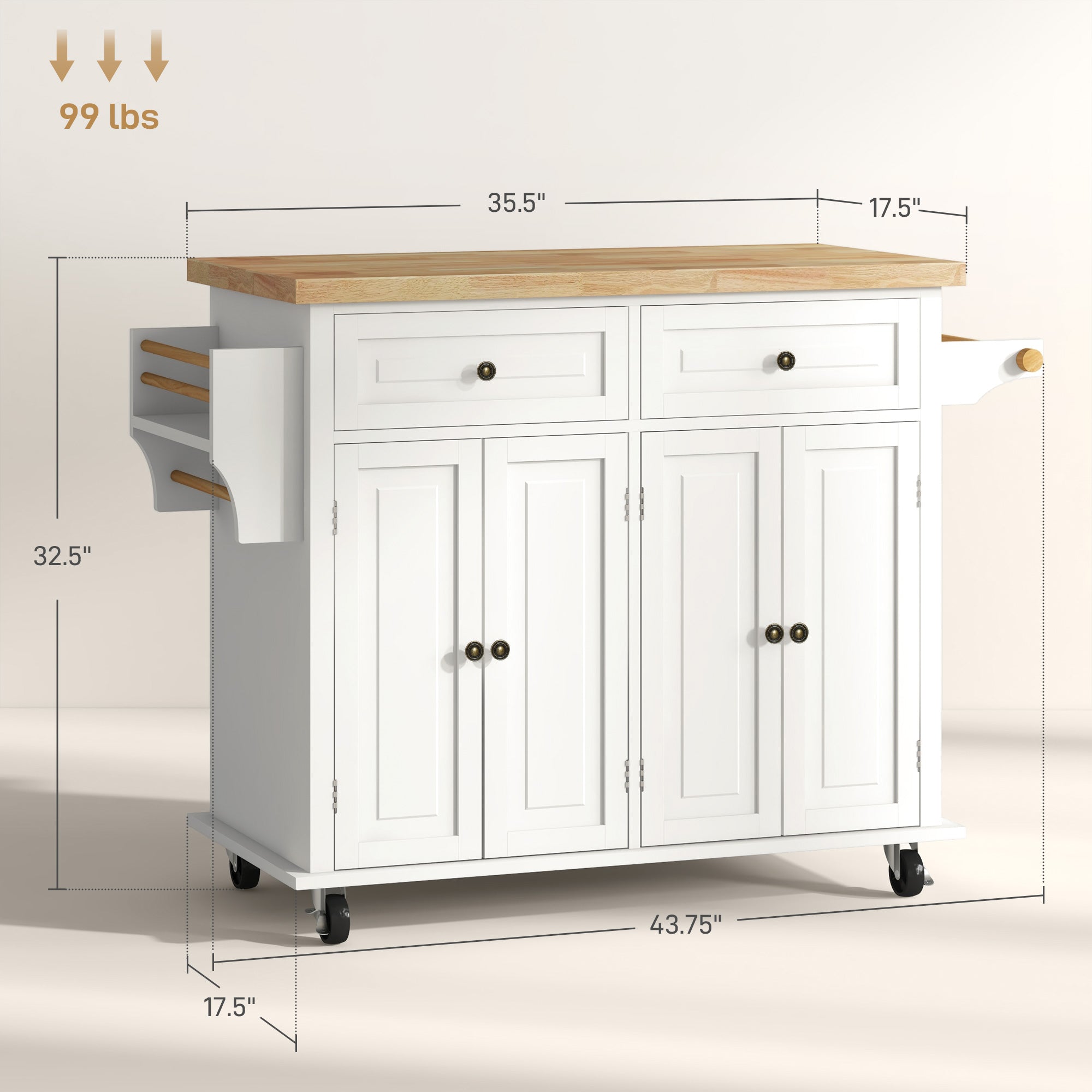Kitchen Island on Wheels, Rolling Cart with Rubberwood Top, Spice Rack, Towel Rack and Drawers, Cream White