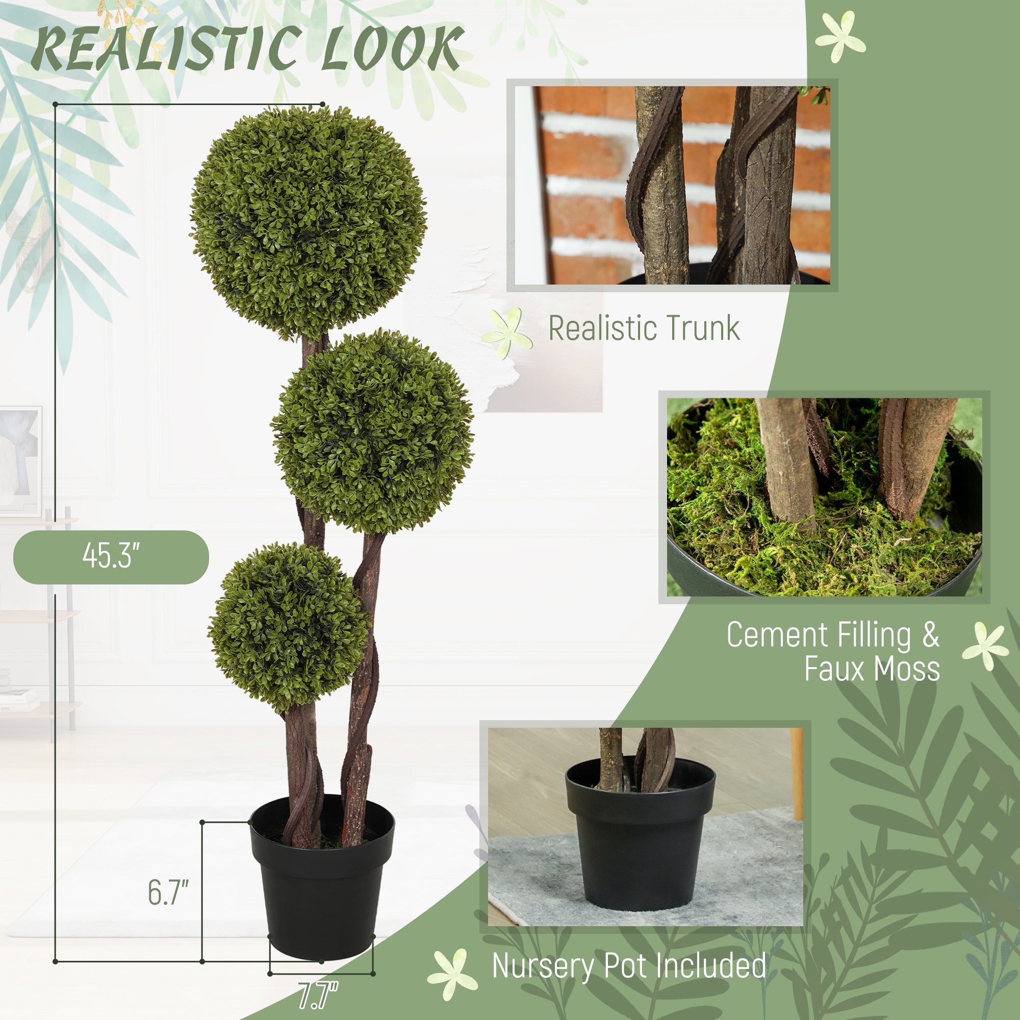 45.3 Artificial Ball Boxwood Topiary Tree Fake Plant In Pot For Indoor Outdoor Living Room Decoration Light Green