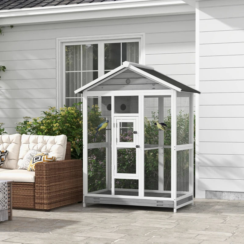 Wooden Bird Cage Aviary, Flight Cage With 4 Perches, Nest And Slide-Out Tray For Indoor Outdoor, Gray