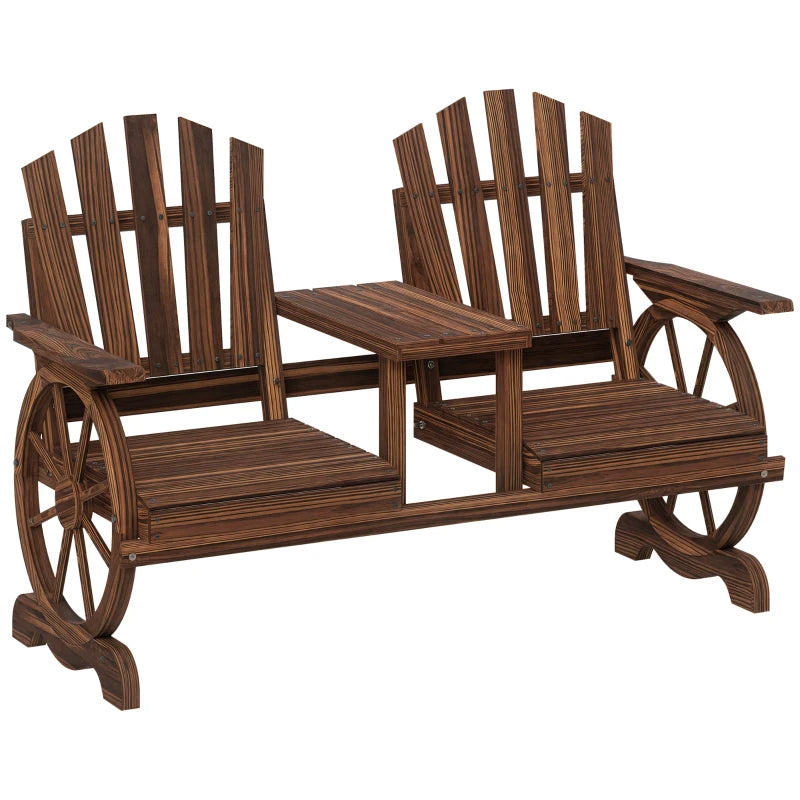 2-Seat Wooden Garden Bench With Table, Umbrella Hole, High Backrest, Armrests For Backyard, Patio, Garden, Carbonized