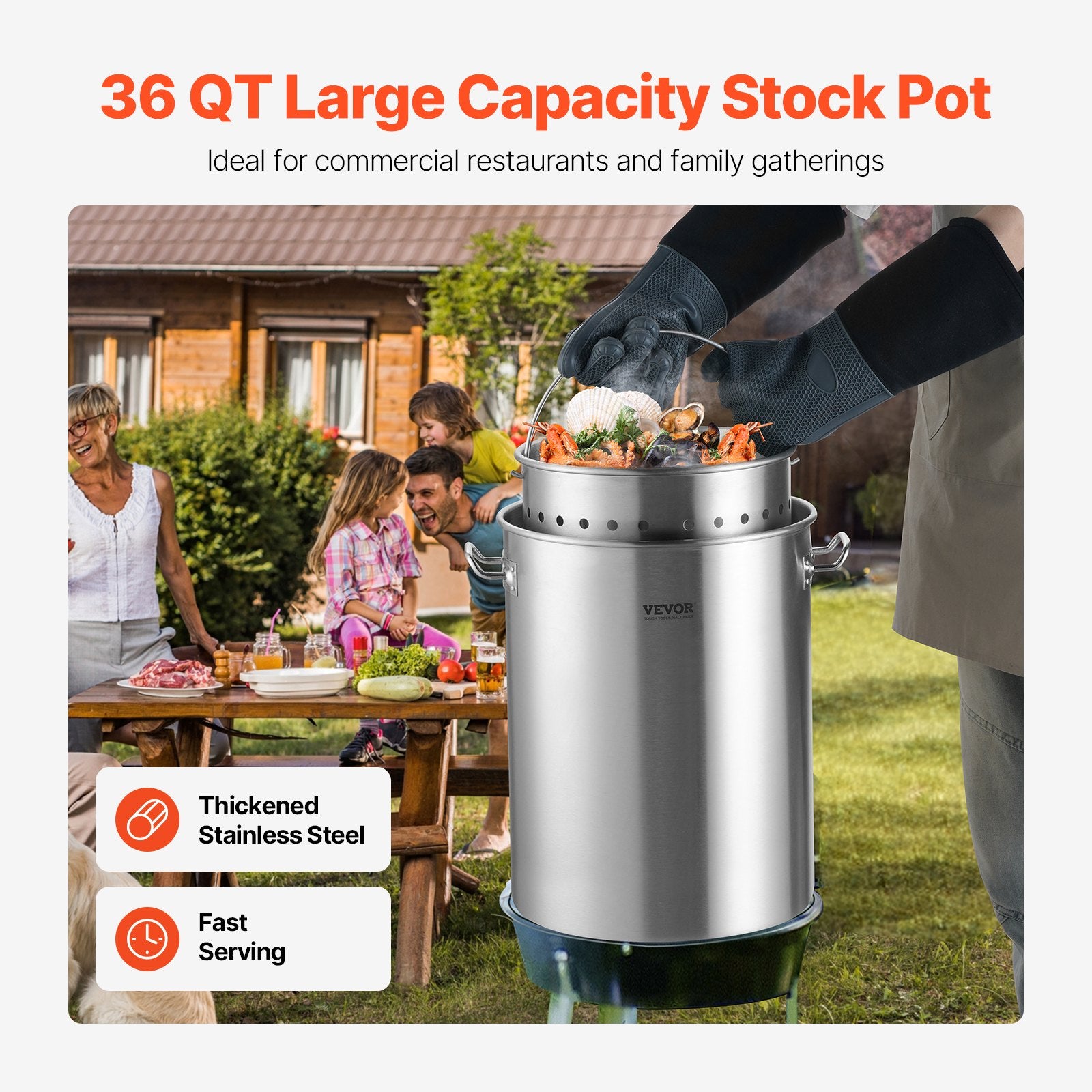 36QT Stainless Steel Stockpot Cooking Kitchen Sauce Pot With Basket Lid Handle