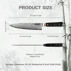 Qulajoy Japanese Chef Knife 8 Inch,67 Layers Damascus VG-10 Steel Core,Professional Hammered Kitchen Knife,Handcrafted With Ergonomic Bamboo Shape Handle
