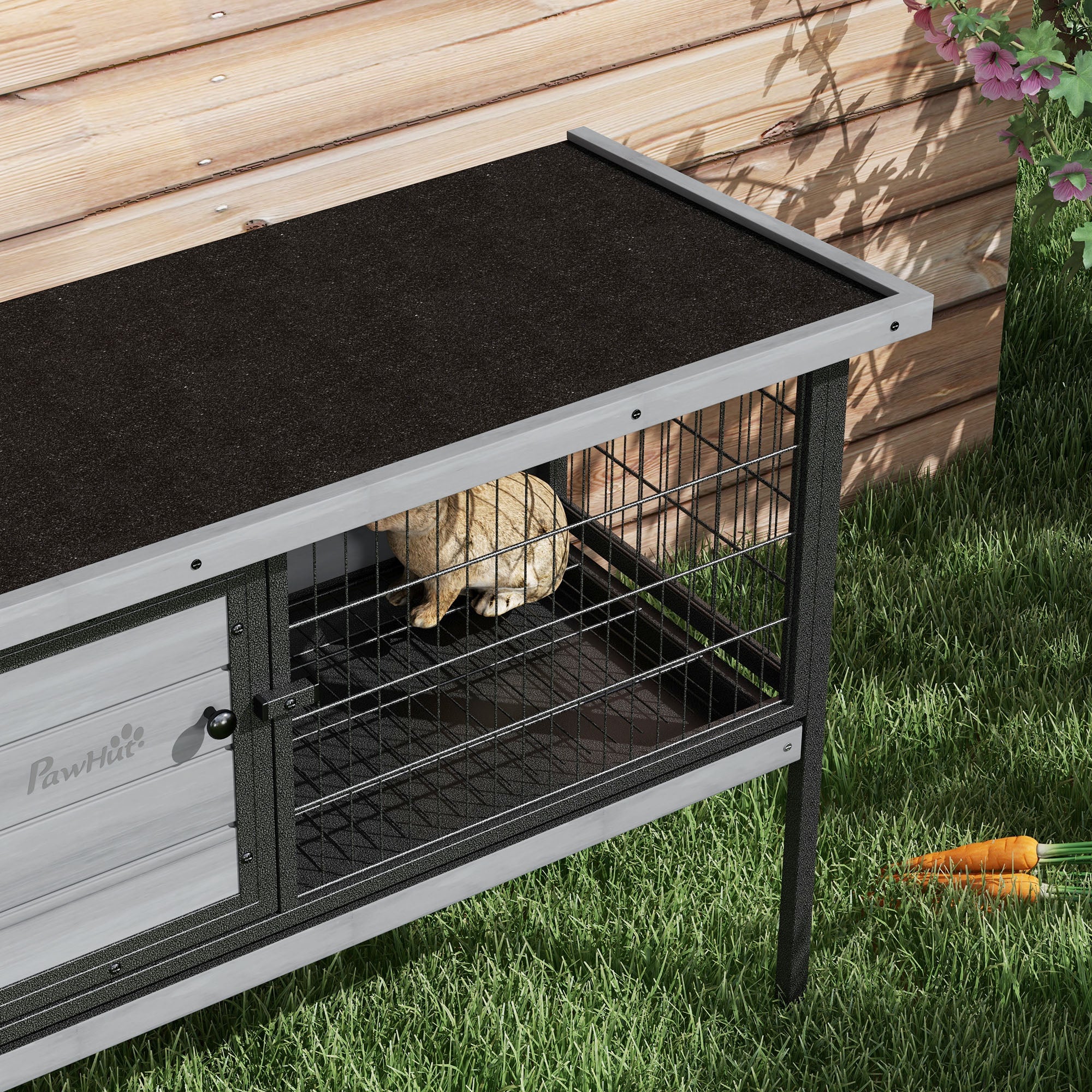 Wooden Rabbit Hutch Elevated with No Leak Tray, Openable Roof for Indoor/Outdoor, Gray