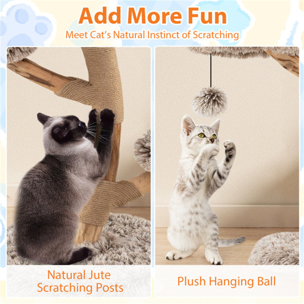Multi-level Natural Pear Wood Cat Tree, Sisal Scratching Posts, Plush Balls, Long Plush Fabric