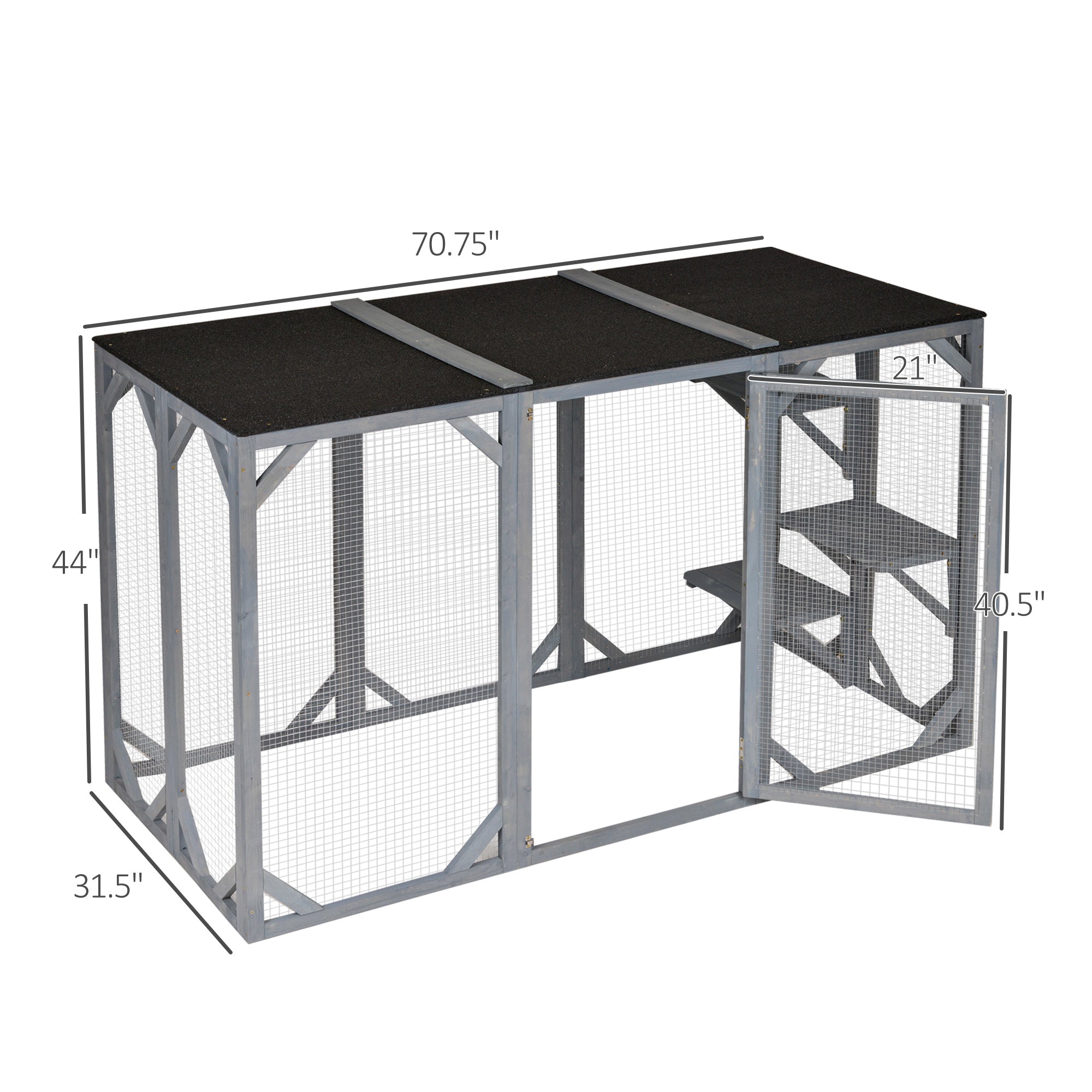 71" x 32" x 44" Large Wooden Outdoor Cat Enclosure Catio Cage With 3 Platforms, Gray