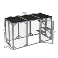 71" x 32" x 44" Large Wooden Outdoor Cat Enclosure Catio Cage With 3 Platforms, Gray