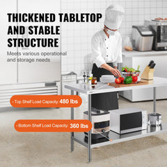Stainless Steel Prep Table, 24 X 60 X 34 Inch, Heavy Duty Metal Worktable With 3 Adjustable Height Levels, Commercial Workstation For Kitchen Garage Restaurant Backyard