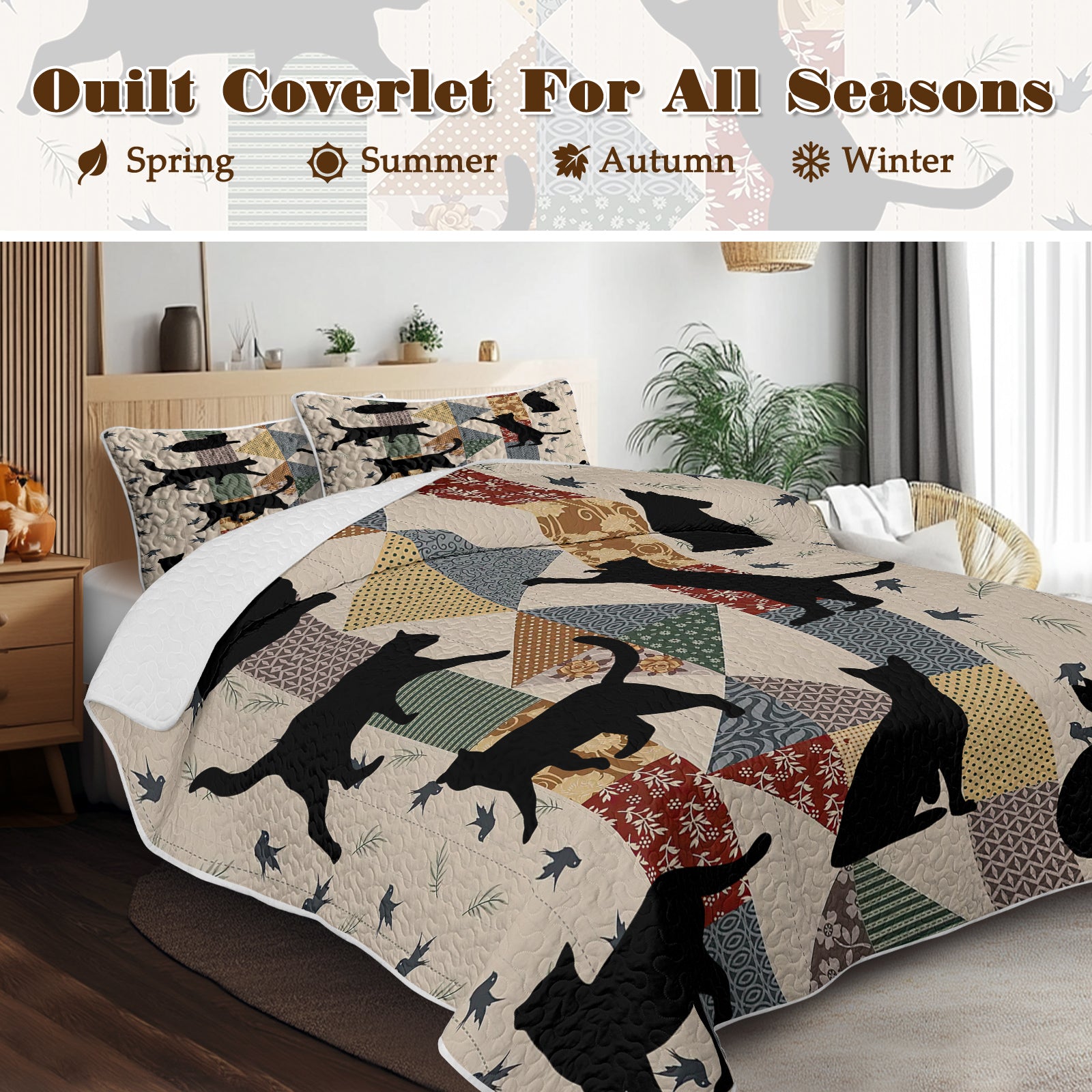 3pcs Of Black Cat Multi Posture Pattern Blanket Set All Season Bedding, 2 Pillowcases For Children, Teenagers, And Adults, Suitable For Bedrooms