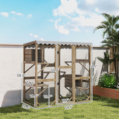 Outdoor Cat Enclosure With Window Access, 5 Platforms And 2 Resting Boxes, Waterproof Roof For Multiple Cats, Brown