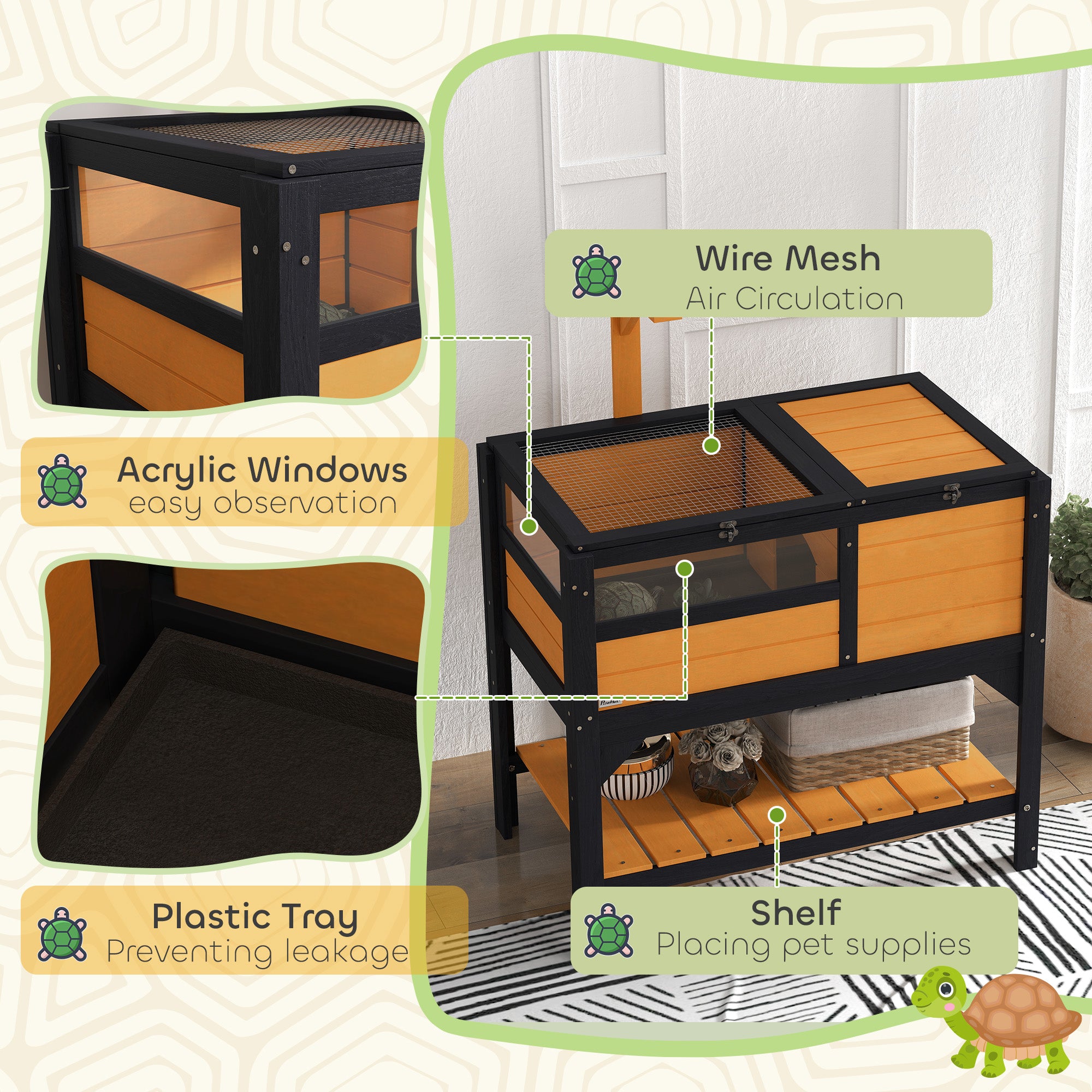 Tortoise Habitat with Shelf Storage Tortoise Gift Accessory with Weather Protection for Indoor, Yellow