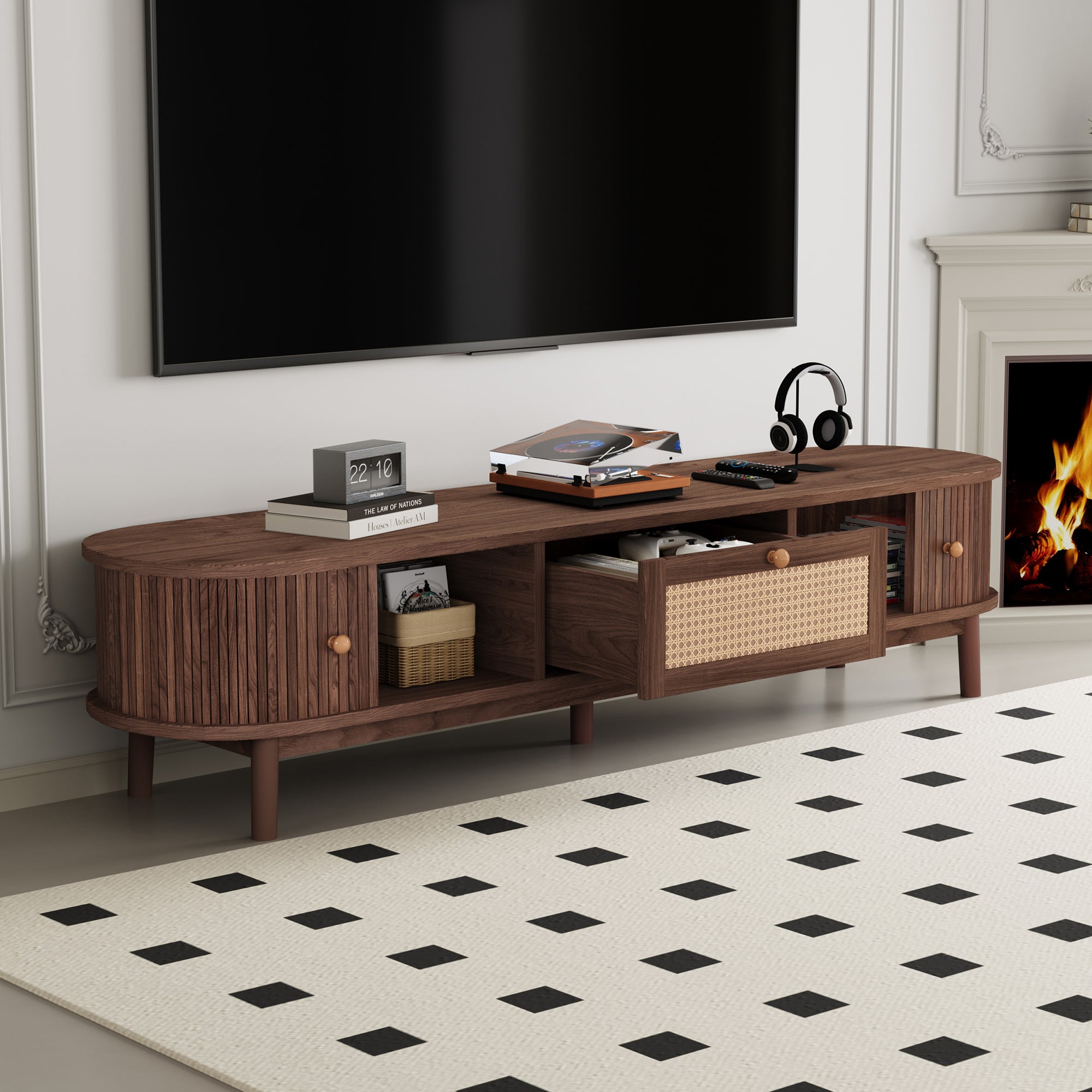 Modern Design TV Stand For 75 TVs, Media Console TV Cabinet With Rattan-Front Drawer For Living Room, 1 Drawer And 2 Sliding-Door Cabinets