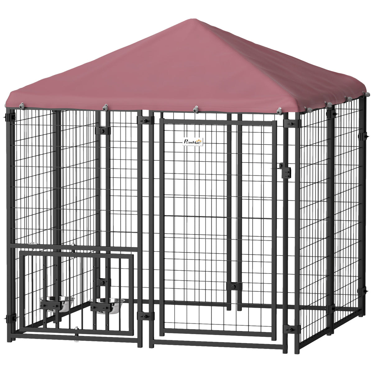 Welded Wire Outdoor Dog Kennel with 360° Rotating & 4 Levels Adjustable Bowls, Waterproof Cover, 4.6' x 4.6' x 5'