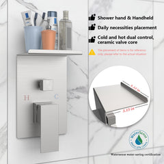 Rain Shower System With Storage Rack, 10-inch Shower Faucet Set, Brushed Nickel Finish, High-pressure Square Shower Head, Luxury Wall-mounted Shower Set.