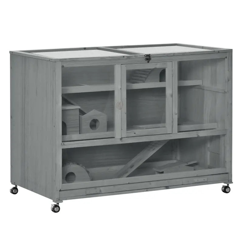 PawHut Wooden 3-Tier Hamster Cage Hutch Box With Ladder Wheels For Small Animals, Dark Gray
