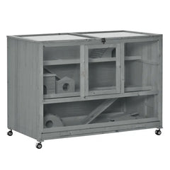 PawHut Wooden 3-Tier Hamster Cage Hutch Box With Ladder Wheels For Small Animals, Dark Gray