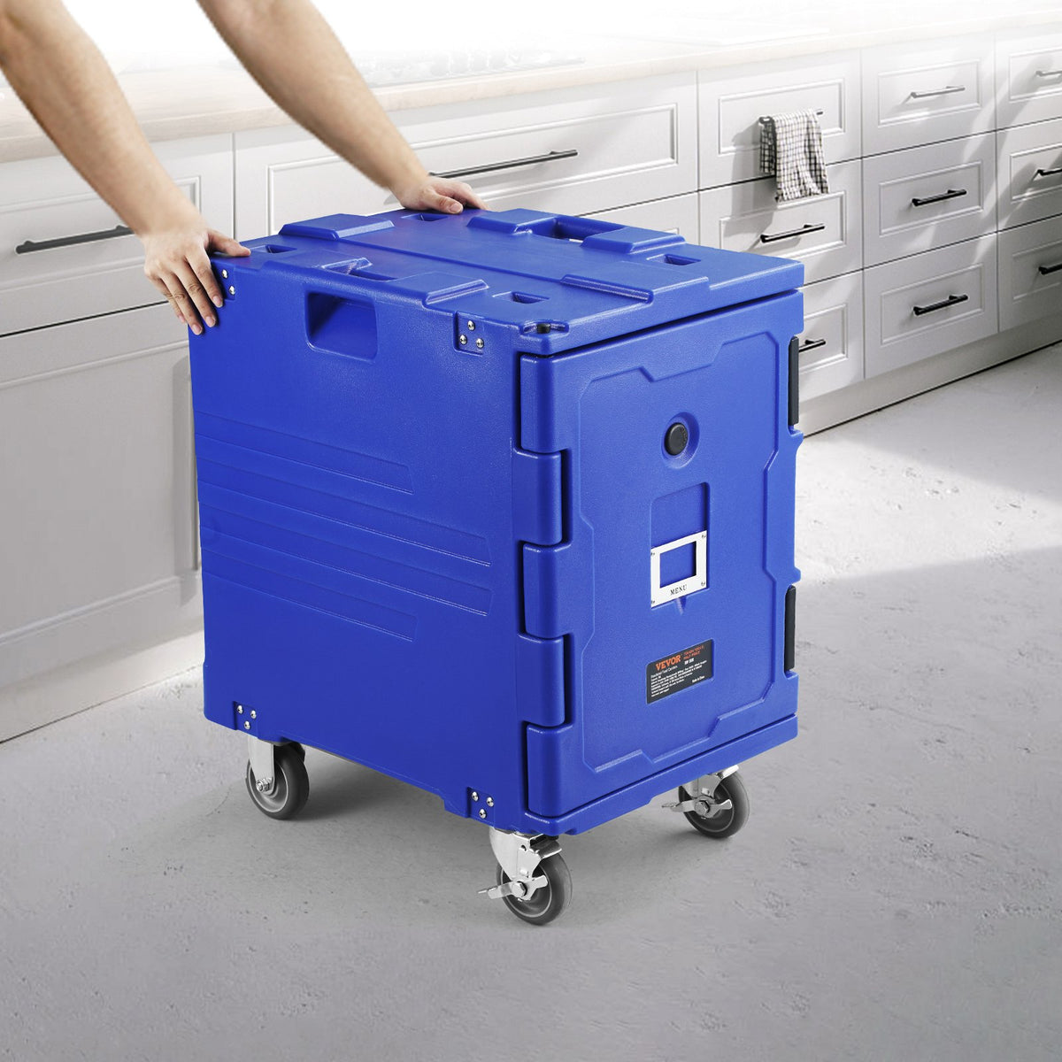 Insulated Food Pan Carrier, 82 Qt Hot Box For Catering, LLDPE Food Box Carrier W/One-Piece Buckle, Front Loading Food Warmer W/Handles, End Loader W/Wheels For Restaurant, Canteen, Etc. Blue