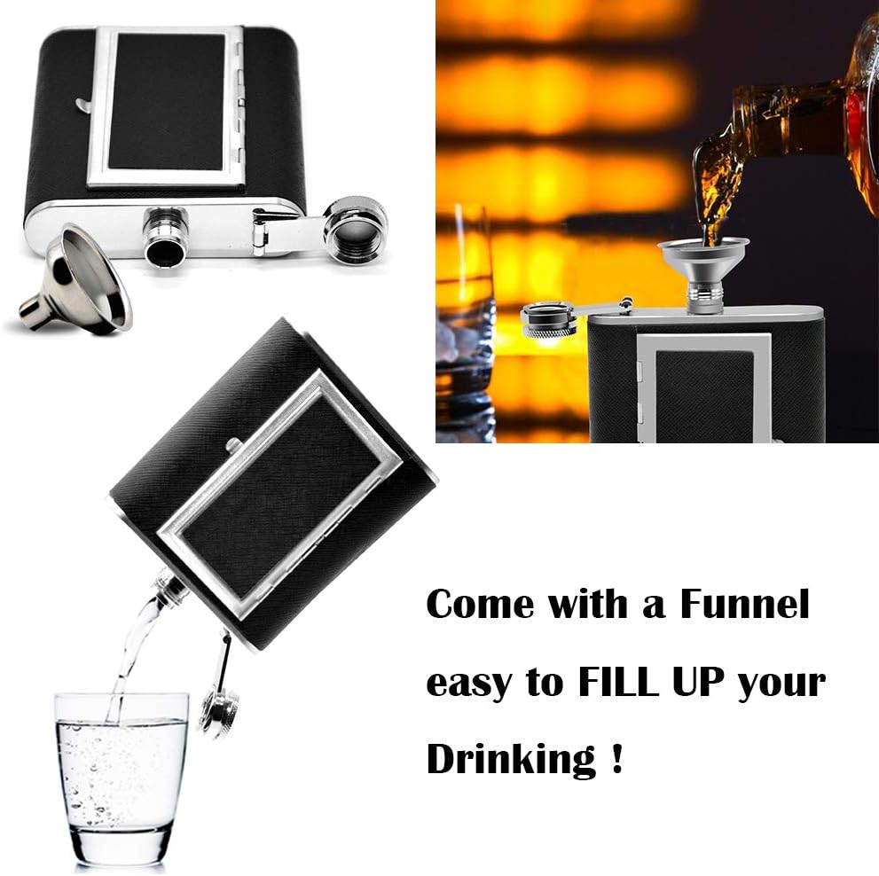 Stainless Steel Flask, Leak-proof Pocket Hidden Flasks With Built-in Cigarette Case And Leather Wrapped Cover, Black Hip Flask And Mini Funnel Set For Liquor For Men And Women
