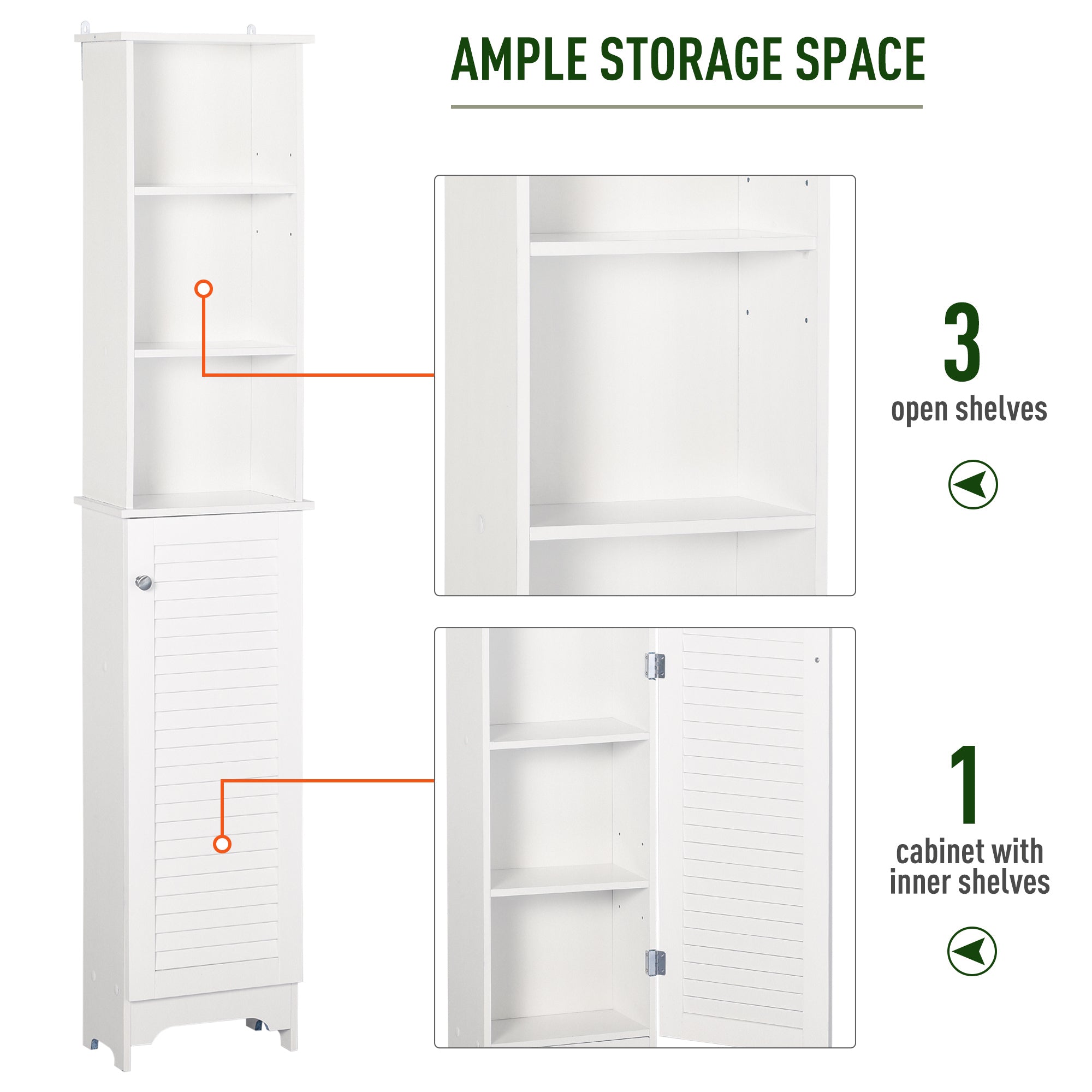 Tall Bathroom Storage Cabinet/Freestanding Linen Tower with 3-Tier Open Adjustable Shelf and Cupboard, White